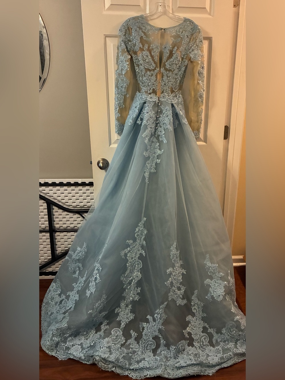 Sherri Hill Champagne and Baby Blue Lace & Mesh Evening Dress - Picture 3 of 4